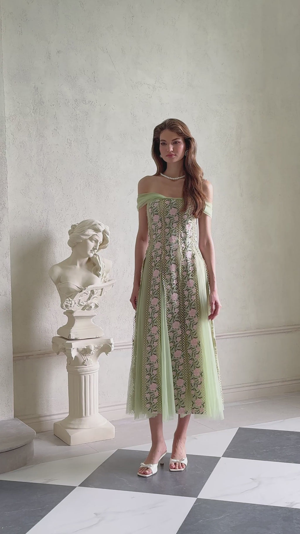 Eleni Green Tulle Panel Floral Midi Dress