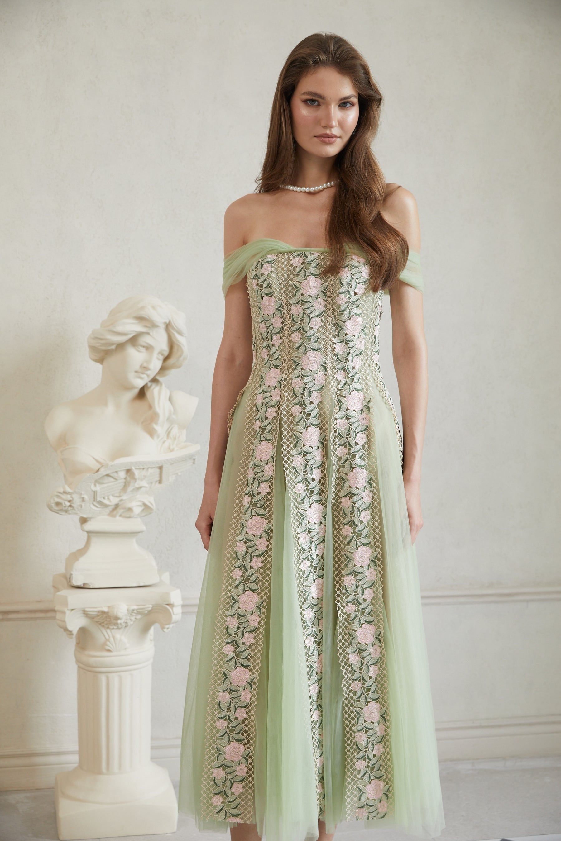Eleni Green Tulle Panel Floral Midi Dress