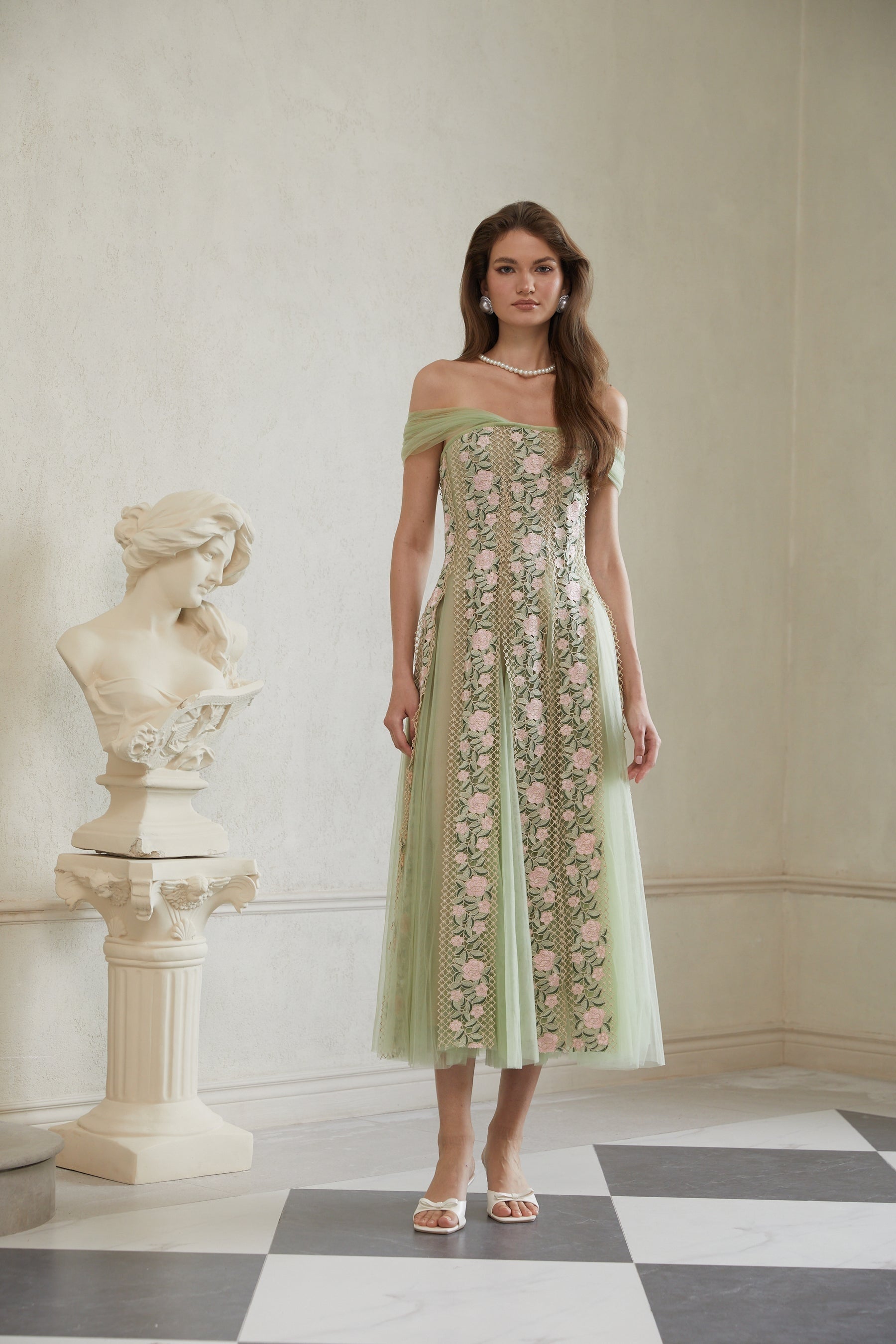 Eleni Green Tulle Panel Floral Midi Dress