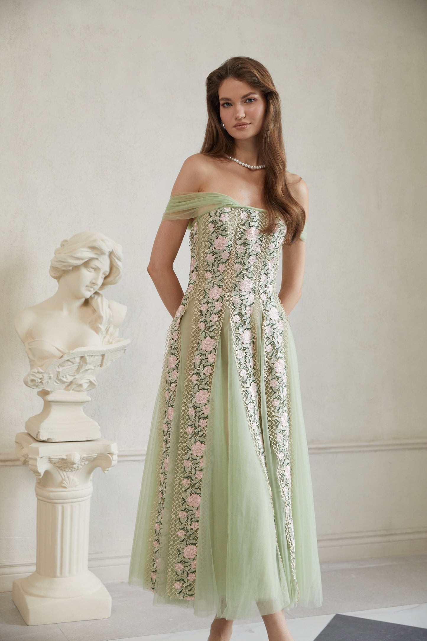 Eleni Green Tulle Panel Floral Midi Dress