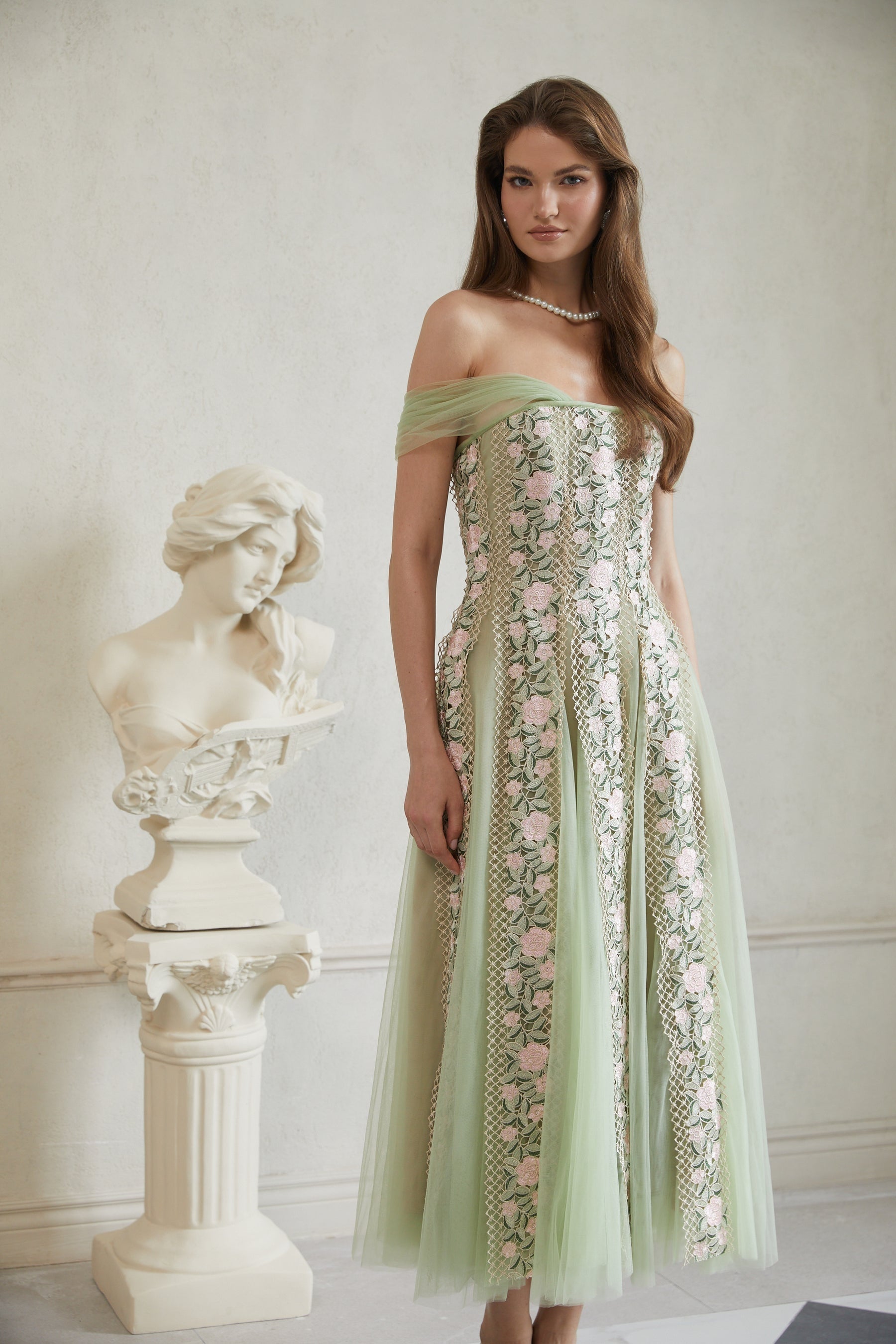 Eleni Green Tulle Panel Floral Midi Dress