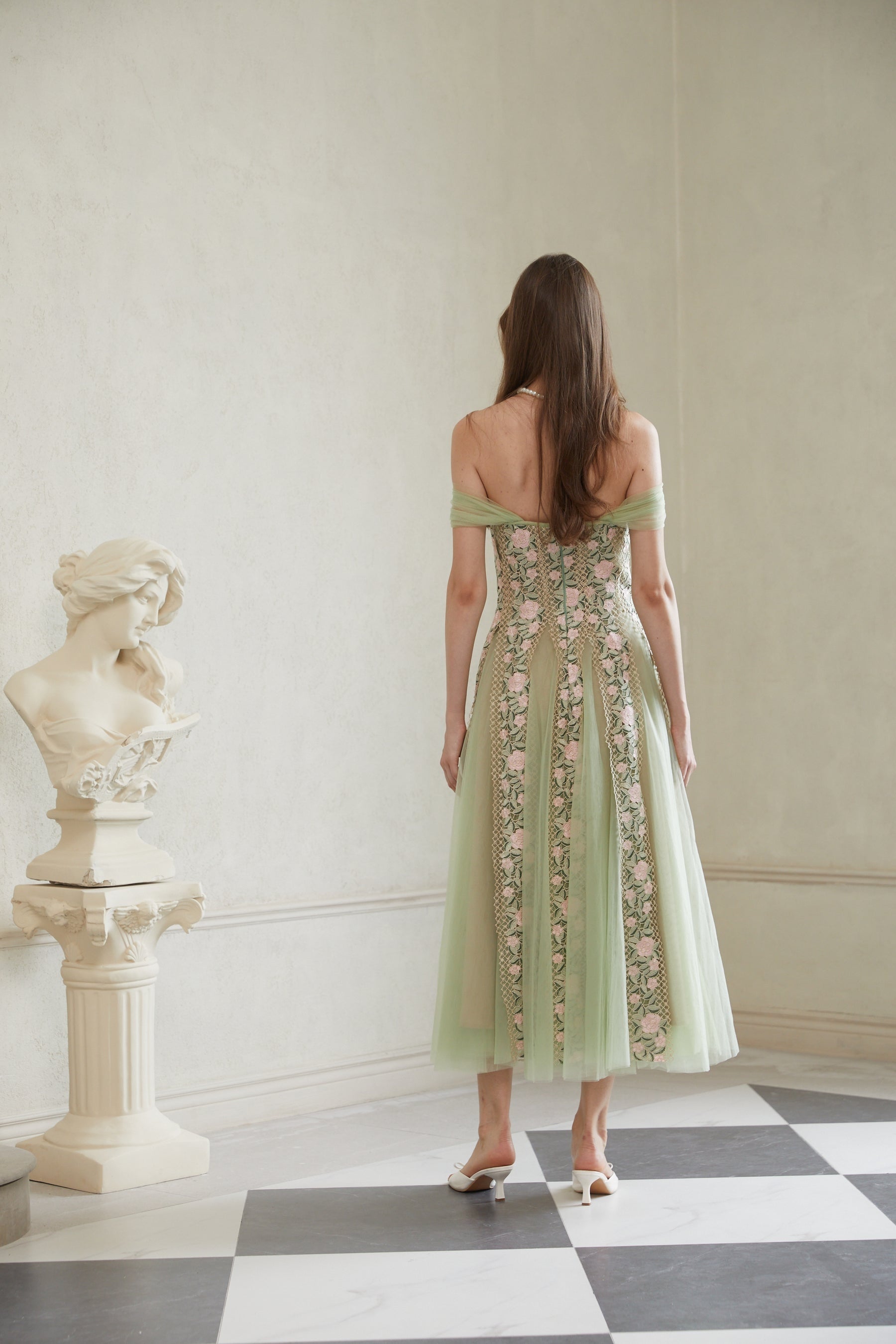 Eleni Green Tulle Panel Floral Midi Dress