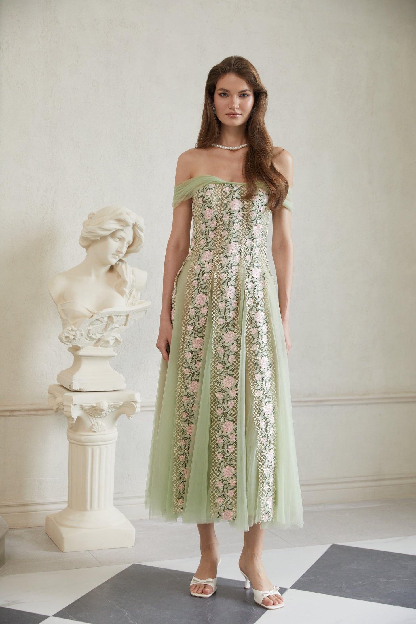 Eleni Green Tulle Panel Floral Midi Dress
