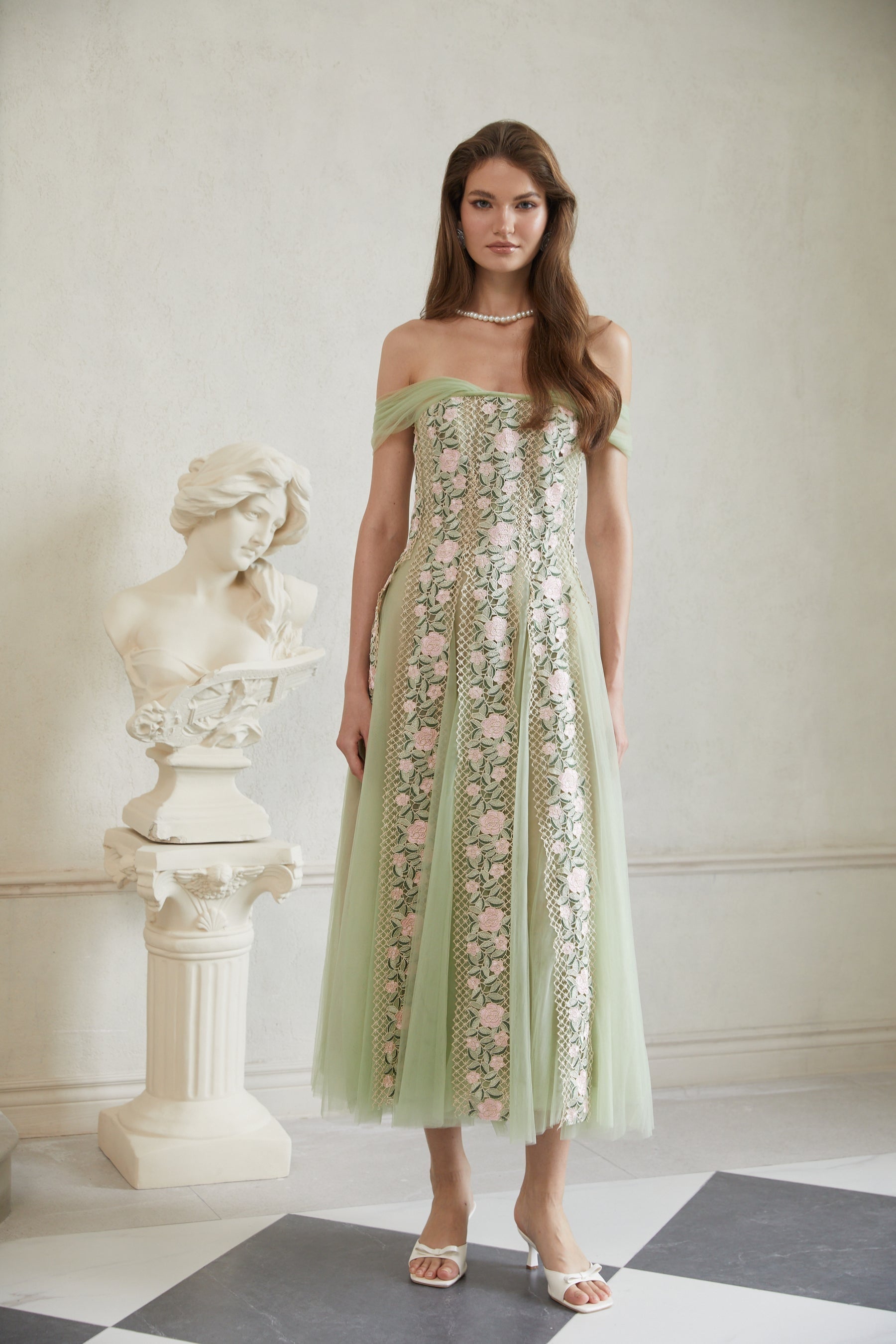 Eleni Green Tulle Panel Floral Midi Dress