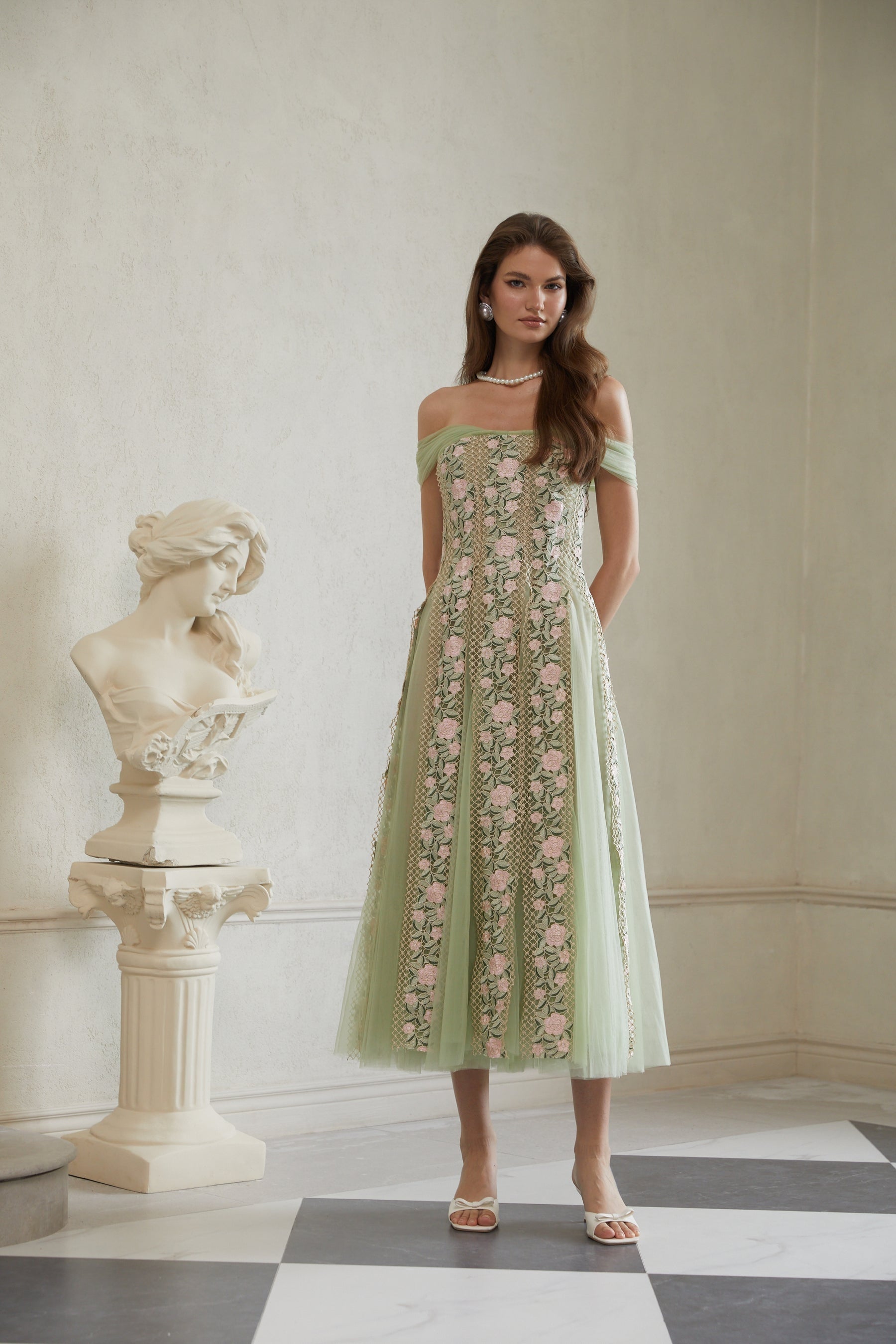Eleni Green Tulle Panel Floral Midi Dress
