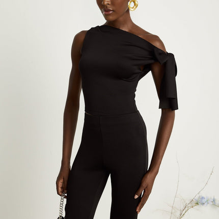 Eleonora Black Knit Matching Set Top Trousers Flared Legs High-Waisted Sophisticated Comfortable Modern Luxury Chic Elegant Fashionable
