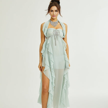 Eleonora Green Halterneck Midi Dress with Ruffled Pleated Detailing and Crystal Embellishments