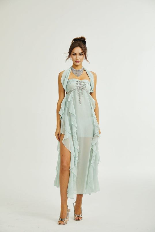Eleonora Green Halterneck Midi Dress with Ruffled Pleated Detailing and Crystal Embellishments