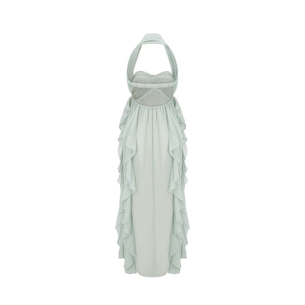 Eleonora Green Halterneck Pleated Ruffled Crystal Embellished Midi Dress in Rayon