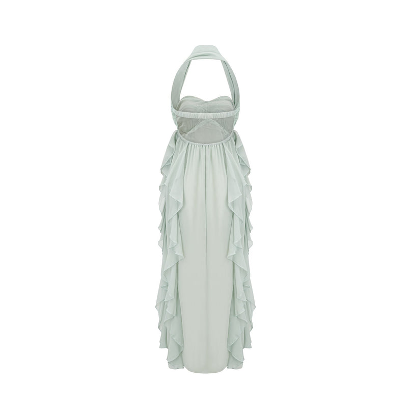 Eleonora Green Halterneck Pleated Ruffled Crystal Embellished Midi Dress in Rayon