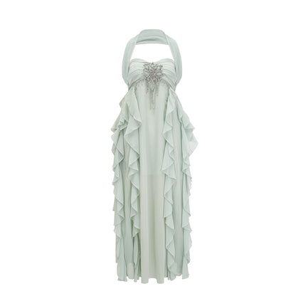 Eleonora Green Halterneck Pleated Ruffled Midi Dress with Crystal Embellishments