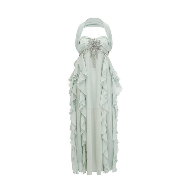 Eleonora Green Halterneck Pleated Ruffled Midi Dress with Crystal Embellishments