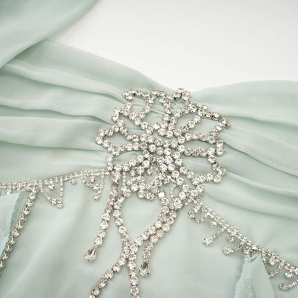 Eleonora Green Halterneck Pleated Ruffled Midi Dress with Crystal Embellishments