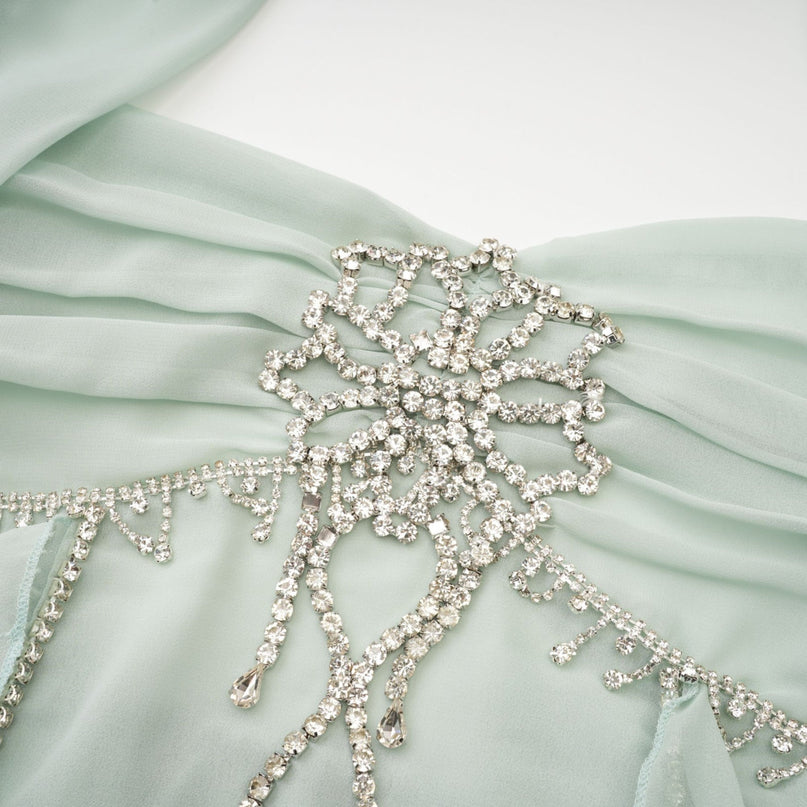 Eleonora Green Halterneck Pleated Ruffled Midi Dress with Crystal Embellishments