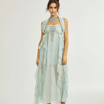 Eleonora Green Halterneck Midi Dress with Pleated Ruffled Detailing and Crystal Embellishments