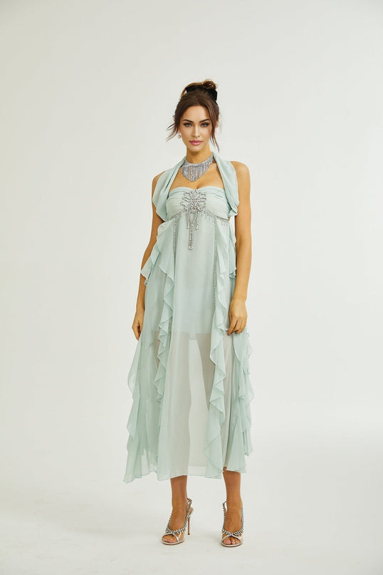 Eleonora Green Halterneck Midi Dress with Pleated Ruffled Detailing and Crystal Embellishments