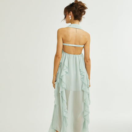 Eleonora Green Halterneck Pleated Ruffled Crystal Embellished Midi Dress 100% Rayon