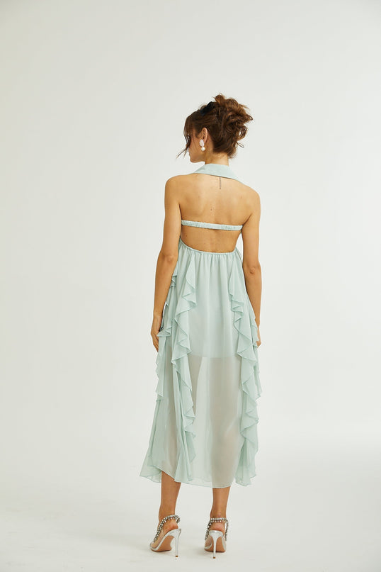 Eleonora Green Halterneck Pleated Ruffled Crystal Embellished Midi Dress 100% Rayon