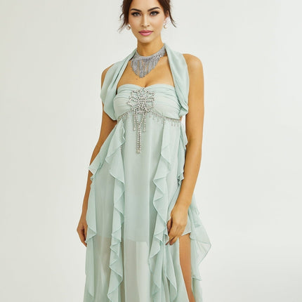 Eleonora Green Halterneck Pleated Ruffled Crystal Embellished Midi Dress