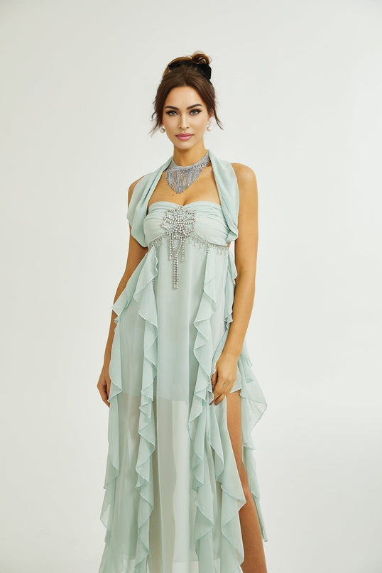 Eleonora Green Halterneck Pleated Ruffled Crystal Embellished Midi Dress
