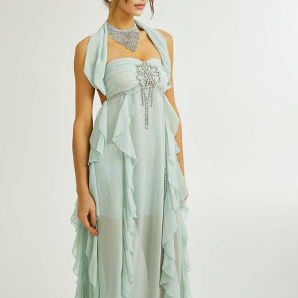 Eleonora Green Halterneck Pleated Ruffled Midi Dress with Crystal Embellishments in 100% Rayon