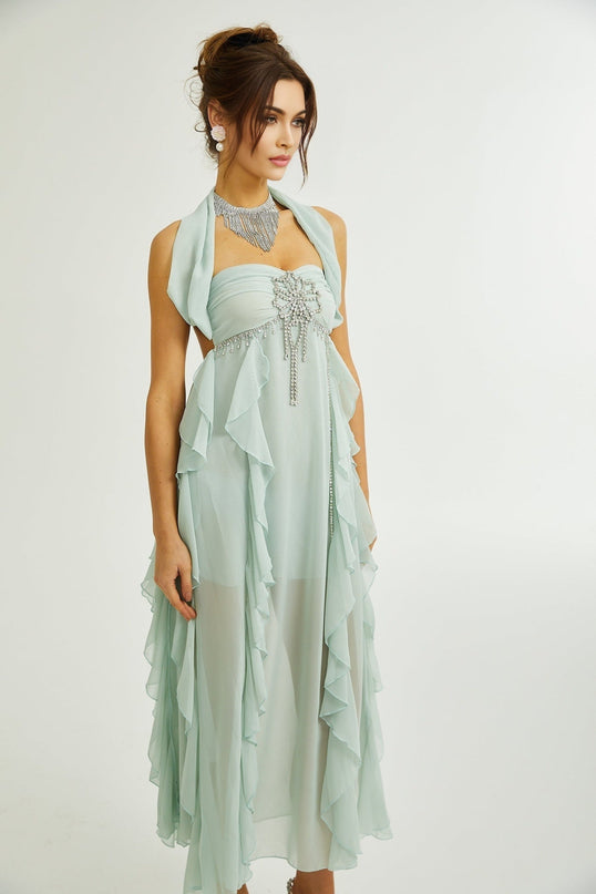 Eleonora Green Halterneck Pleated Ruffled Midi Dress with Crystal Embellishments in 100% Rayon