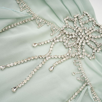 Eleonora Green Halterneck Pleated Ruffled Midi Dress with Crystal Embellishments