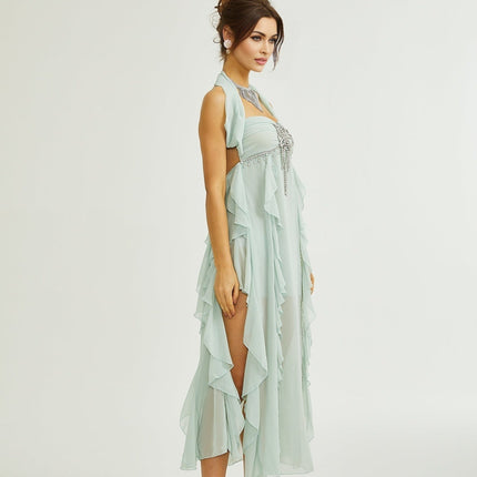 Eleonora Green Halterneck Pleated Ruffled Crystal Embellished Midi Dress 100 Percent Rayon Sophistication Glamour