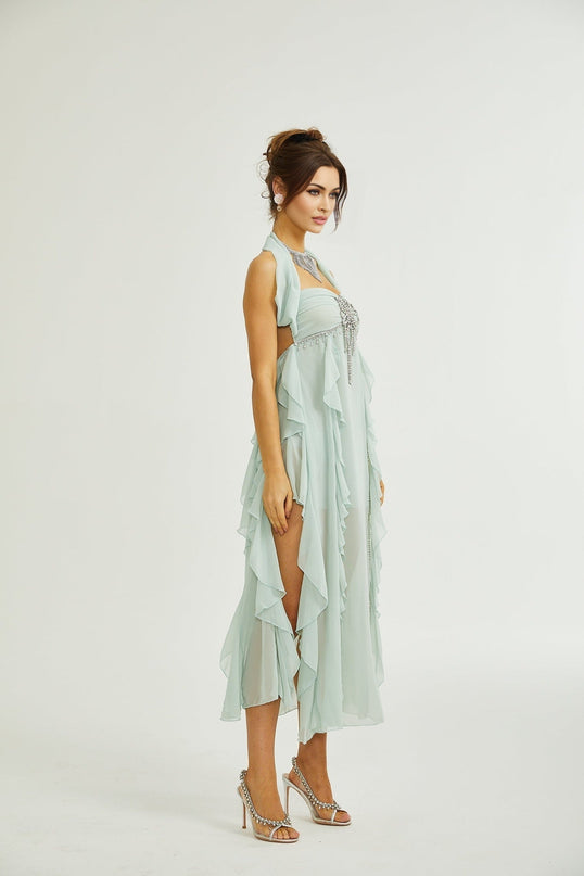 Eleonora Green Halterneck Pleated Ruffled Crystal Embellished Midi Dress 100 Percent Rayon Sophistication Glamour