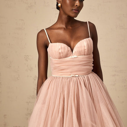 Eleonora Pink Pleated Tulle Mini Dress with Spaghetti Straps and Sweetheart Neckline