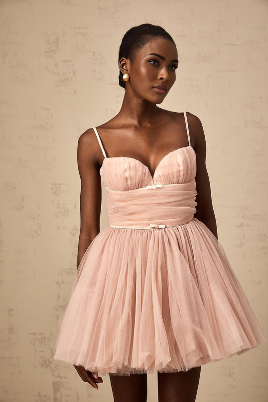 Eleonora Pink Pleated Tulle Mini Dress with Spaghetti Straps and Sweetheart Neckline