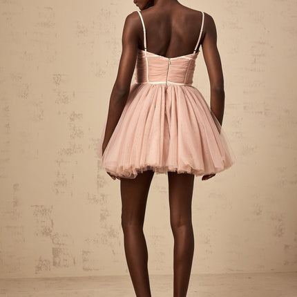 Eleonora Pink Tulle Pleated Mini Dress with Spaghetti Straps and Sweetheart Neckline