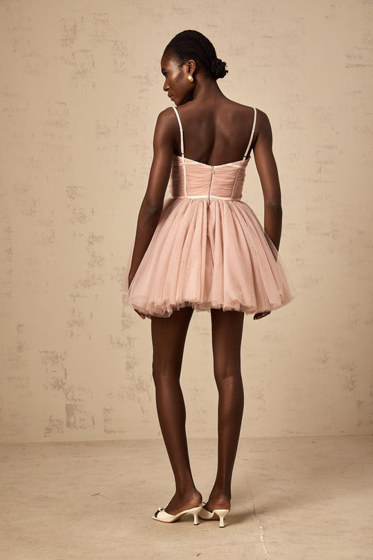 Eleonora Pink Tulle Pleated Mini Dress with Spaghetti Straps and Sweetheart Neckline