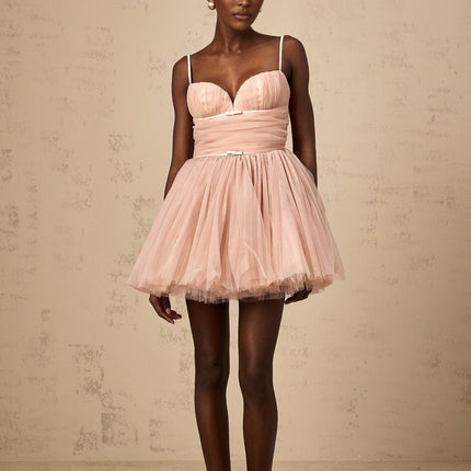 Eleonora Pink Tulle Pleated Mini Dress with Spaghetti Straps and Sweetheart Neckline