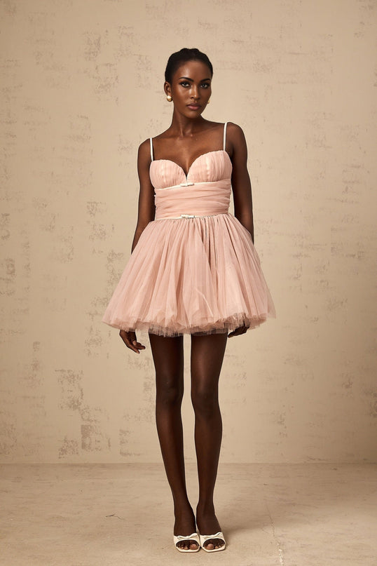 Eleonora Pink Tulle Pleated Mini Dress with Spaghetti Straps and Sweetheart Neckline