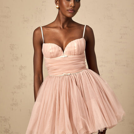 Eleonora Pink Tulle Pleated Mini Dress with Spaghetti Straps and Sweetheart Neckline