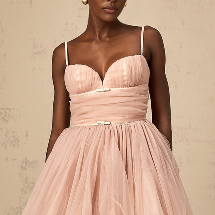 Eleonora Pink Tulle Pleated Mini Dress with Spaghetti Straps and Sweetheart Neckline