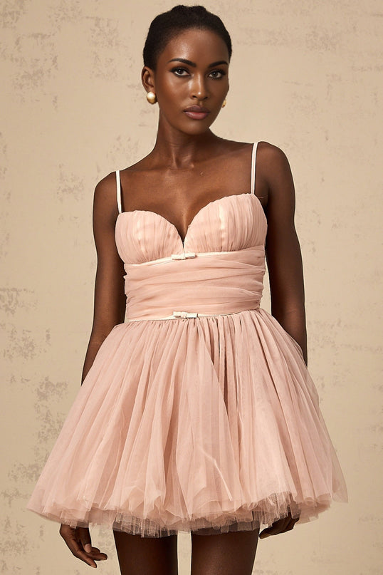 Eleonora Pink Tulle Pleated Mini Dress with Spaghetti Straps and Sweetheart Neckline