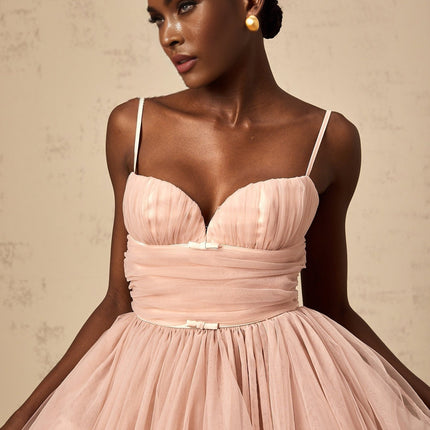 Eleonora Pink Tulle Pleated Mini Dress with Spaghetti Straps and Sweetheart Neckline