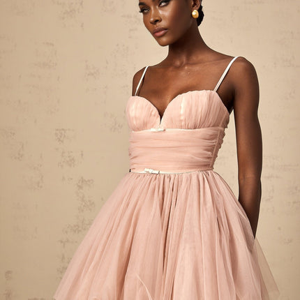 Eleonora Pink Tulle Pleated Mini Dress with Spaghetti Straps and Sweetheart Neckline
