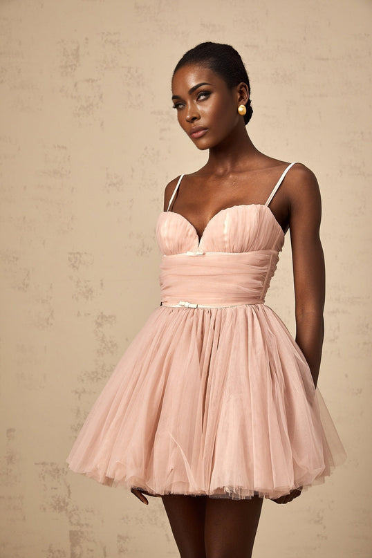 Eleonora Pink Tulle Pleated Mini Dress with Spaghetti Straps and Sweetheart Neckline