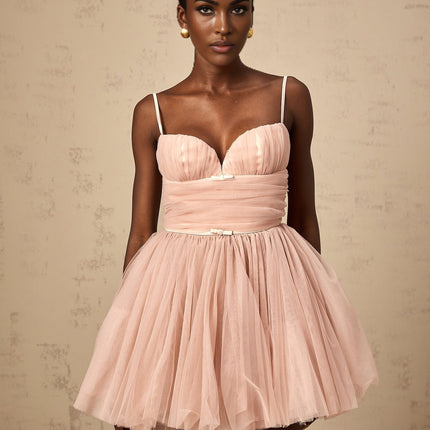 Eleonora Pink Tulle Pleated Mini Dress with Spaghetti Straps and Sweetheart Neckline