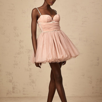 Eleonora Pink Tulle Pleated Mini Dress with Spaghetti Straps and Sweetheart Neckline