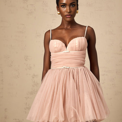 Eleonora Pink Tulle Pleated Mini Dress with Flare Spaghetti Straps Sweetheart Neckline Bustier Style Ruched Detailing Boned Bodice Layered Skirt Above-Knee Length 80% Polyamide 20% Elastane Rear Zip Fastening