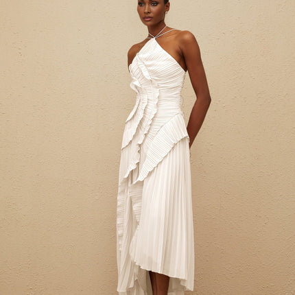Eleonora White Halterneck Midi Dress with Pleated Detailing and Front Slit