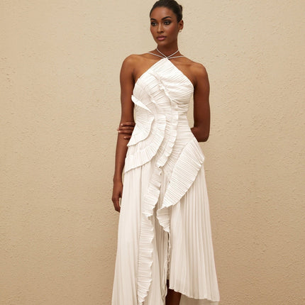 Eleonora White Halterneck Midi Dress with Ruffled Trim and Front Slit