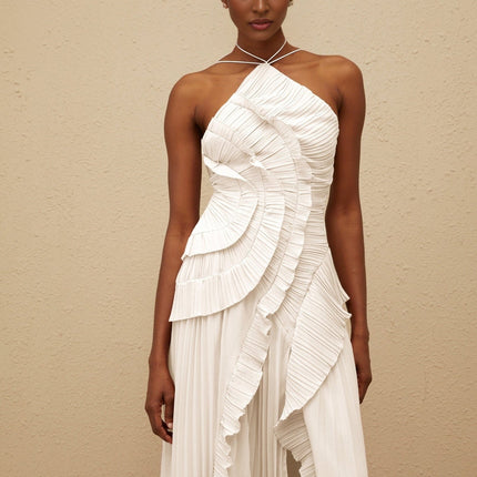 Eleonora White Halterneck Midi Dress with Pleated Detailing and Dramatic Flair