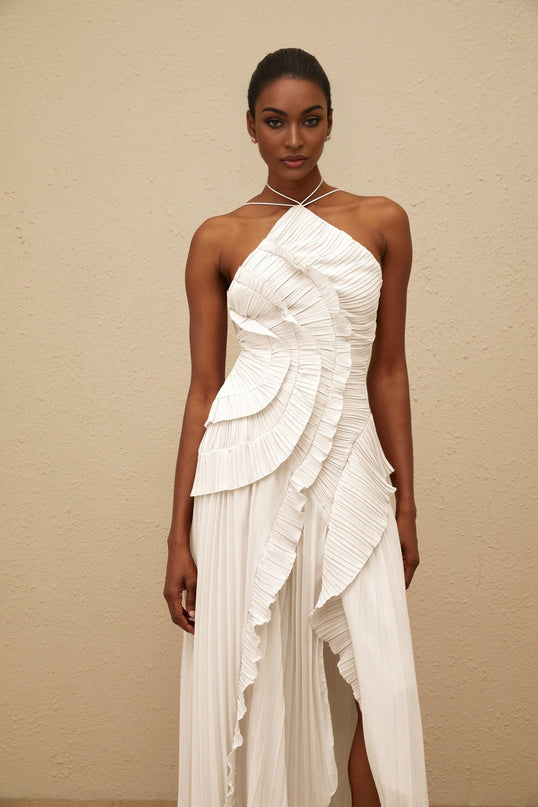 Eleonora White Halterneck Midi Dress with Pleated Detailing and Dramatic Flair