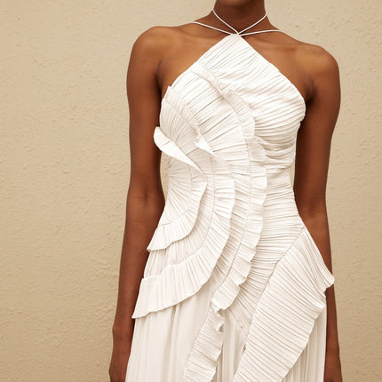 Eleonora White Halterneck Midi Dress with Pleated Detailing and Front Slit