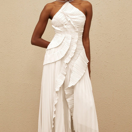 Eleonora White Midi Dress Halterneck Sleeveless Pleated Ruffled Trim Asymmetrical Front Slit Side Zip Fastening